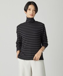 カシミヤシルク シアーリブ ボーダー タートル カットソー