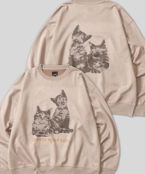 セール】Cats Print Fake Suede Sweat Shirt/オーバーサイズ 猫