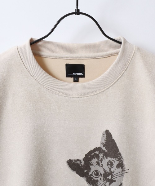 セール】Cats Print Fake Suede Sweat Shirt/オーバーサイズ 猫