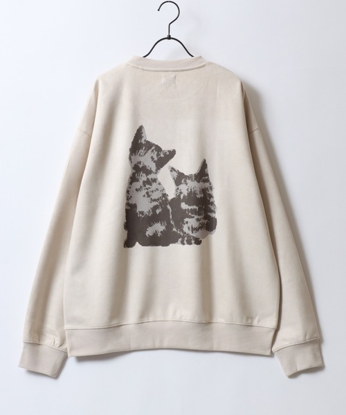 Cats Print Fake Suede Sweat Shirt/オーバーサイズ 猫プリント