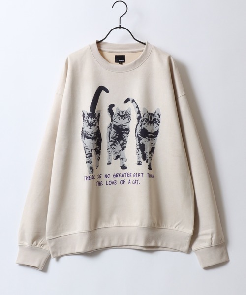 Cats Print Fake Suede Sweat Shirt/オーバーサイズ 猫プリント