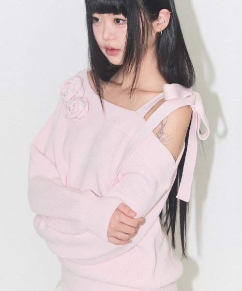 ILLIGO ♡ Bloom Bow Off-Shoulder Knit MUSINSA | ILLIGO Bloom Bow Off-Shoulder Knit Black