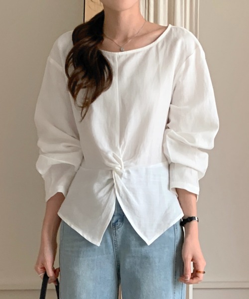 Aelina（エリナ）の「サイドファスナー付きクルーネックシャツ長袖トップス（シャツ/ブラウス・レディース・ホワイト/ネイビー・F）」の2枚目の写真