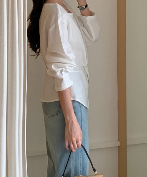 Aelina（エリナ）の「サイドファスナー付きクルーネックシャツ長袖トップス（シャツ/ブラウス・レディース・ホワイト/ネイビー・F）」の7枚目の写真