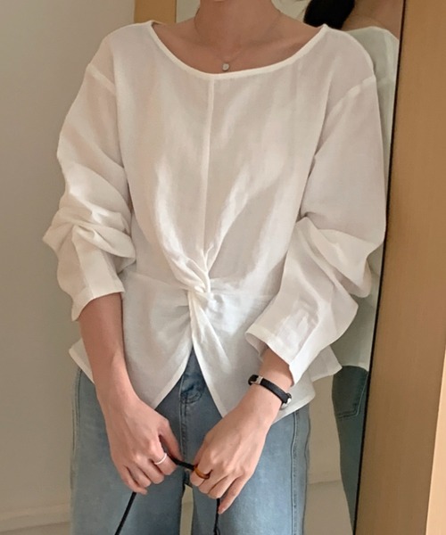 Aelina（エリナ）の「サイドファスナー付きクルーネックシャツ長袖トップス（シャツ/ブラウス・レディース・ホワイト/ネイビー・F）」の8枚目の写真