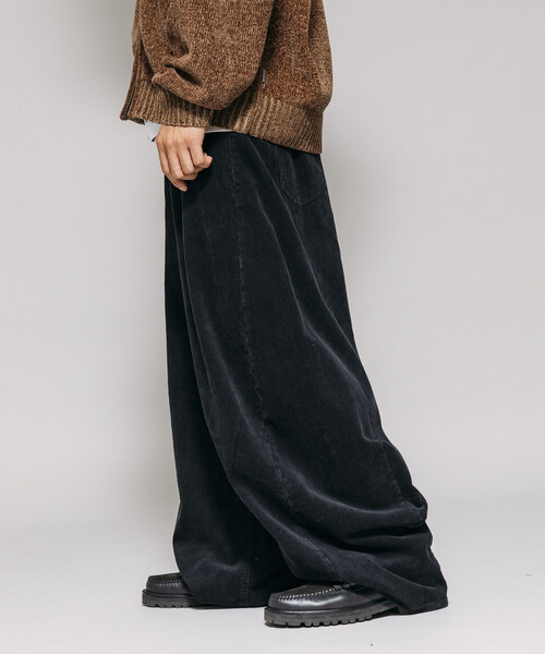 セール】ワイドシルエット ワンウォッシュ カーブ コーデュロイパンツ
