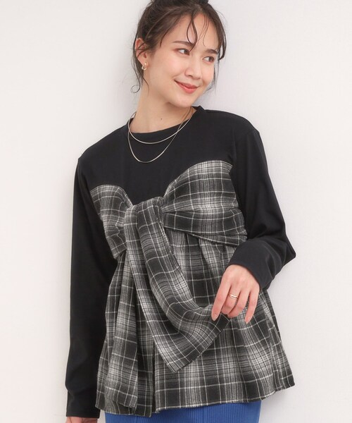 Cutie Blonde(キューティーブロンド)の「シャツレイヤード風で1枚でサマ見え ロンT(Tシャツ/カットソー・レディース・ベージュ系1/ブラック系1・01/02/03/04)」の2枚目の写真