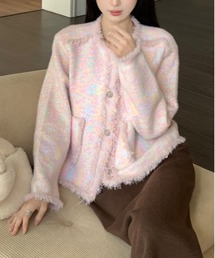 ノーカラージャケット（ピンク/桃色系・ツイード）ファッション通販