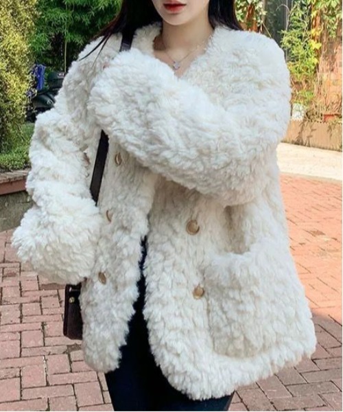 ホワイト ノーカラージャケット ファー風 ジャケット ノーカラージャケット もこもこ ノーカラーフェイクファー