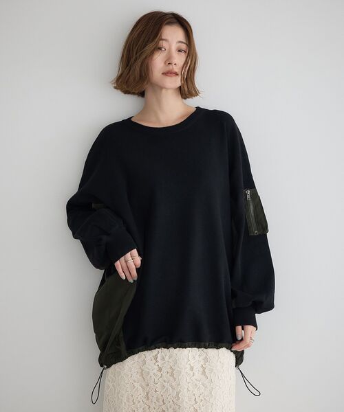 Editt by YECCA VECCA（エディットバイイェッカヴェッカ）の「素材MIX裾ドロストニット（ニット/セーター・レディース・ブラック/チャコールグレー/ブルー・FREE）」の4枚目の写真