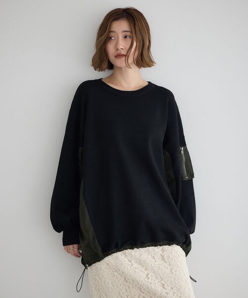 Editt by YECCA VECCA（エディットバイイェッカヴェッカ）の「素材MIX裾ドロストニット（ニット/セーター・レディース・ブラック/チャコールグレー/ブルー・FREE）」の5枚目の写真