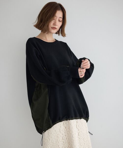 Editt by YECCA VECCA（エディットバイイェッカヴェッカ）の「素材MIX裾ドロストニット（ニット/セーター・レディース・ブラック/チャコールグレー/ブルー・FREE）」の6枚目の写真