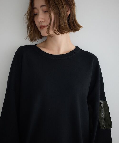 Editt by YECCA VECCA（エディットバイイェッカヴェッカ）の「素材MIX裾ドロストニット（ニット/セーター・レディース・ブラック/チャコールグレー/ブルー・FREE）」の10枚目の写真