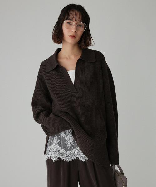 BABYLONE（バビロン）の「スキッパーミドルゲージニットプルオーバー（ニット/セーター・レディース・ブラウン/ライトベージュ・フリー）」の3枚目の写真