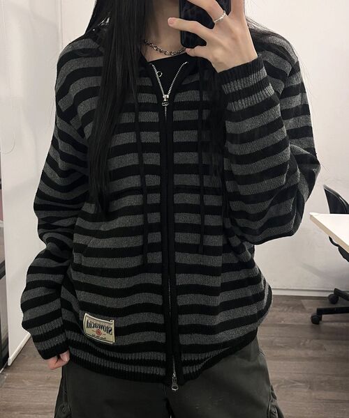 SLOWACID（スローアシッド）の「ストライプニットフードジップアップ[ブラウン]（パーカー・レディース・その他・SMALL/MEDIUM/LARGE）」の5枚目の写真