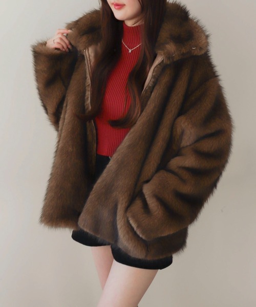 WEGO（ウィゴー）の「WEGO/【25年秋冬新作】2WAY スタンドネック フェイクファー ブルゾン コート（ブルゾン・レディース・ブラウン系その他/グレー系その他・FREE）」の2枚目の写真