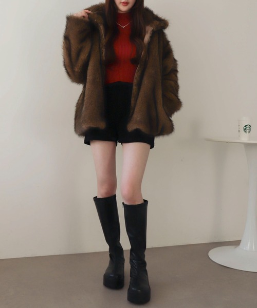 WEGO（ウィゴー）の「WEGO/【25年秋冬新作】2WAY スタンドネック フェイクファー ブルゾン コート（ブルゾン・レディース・ブラウン系その他/グレー系その他・FREE）」の7枚目の写真