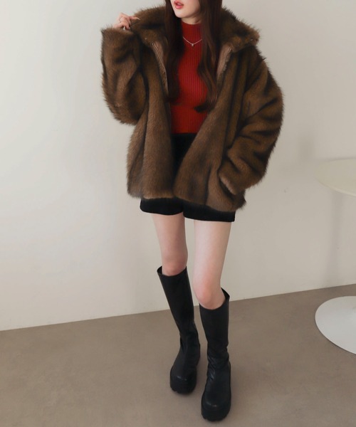 WEGO（ウィゴー）の「WEGO/【25年秋冬新作】2WAY スタンドネック フェイクファー ブルゾン コート（ブルゾン・レディース・ブラウン系その他/グレー系その他・FREE）」の3枚目の写真