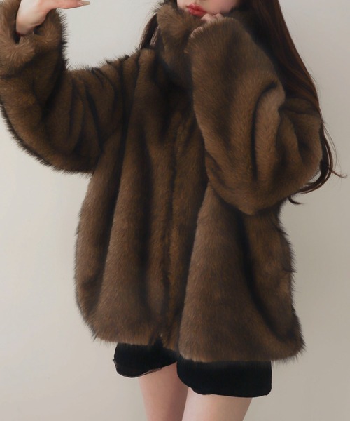 WEGO（ウィゴー）の「WEGO/【25年秋冬新作】2WAY スタンドネック フェイクファー ブルゾン コート（ブルゾン・レディース・ブラウン系その他/グレー系その他・FREE）」の6枚目の写真