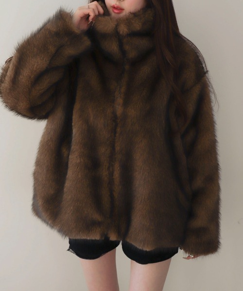 WEGO（ウィゴー）の「WEGO/【25年秋冬新作】2WAY スタンドネック フェイクファー ブルゾン コート（ブルゾン・レディース・ブラウン系その他/グレー系その他・FREE）」の10枚目の写真