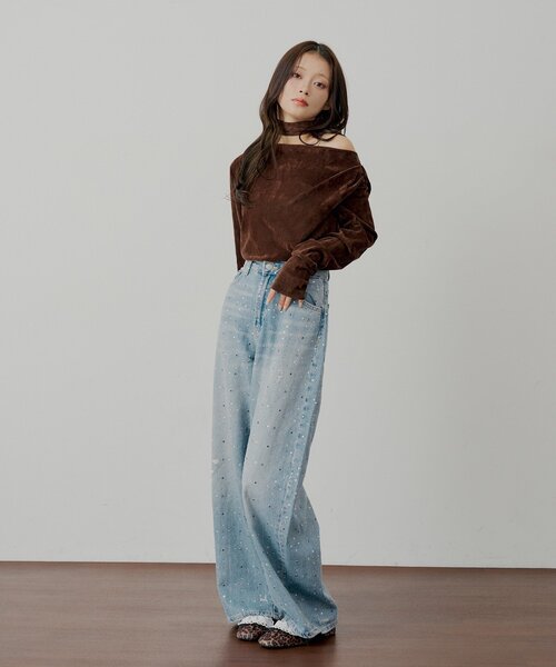 Chico（チコ）の「【SALON by Chico】タイ付きベロアワンショルギャザートップス（Tシャツ/カットソー・レディース・ブラウン/ピンク/アイボリー・FREE）」の5枚目の写真