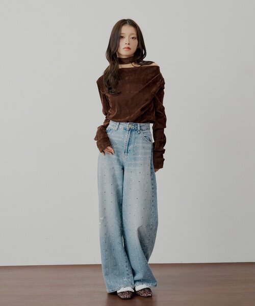 Chico（チコ）の「【SALON by Chico】タイ付きベロアワンショルギャザートップス（Tシャツ/カットソー・レディース・ブラウン/ピンク/アイボリー・FREE）」の6枚目の写真