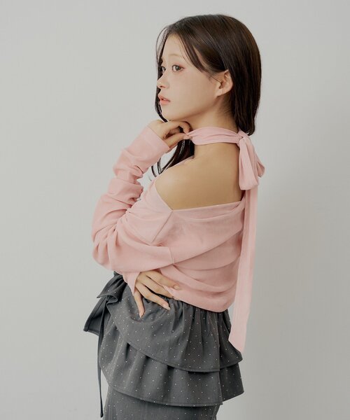 Chico（チコ）の「【SALON by Chico】タイ付きベロアワンショルギャザートップス（Tシャツ/カットソー・レディース・ブラウン/ピンク/アイボリー・FREE）」の13枚目の写真