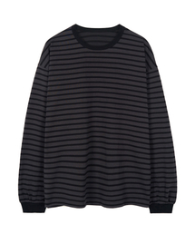 EXCONTAINER（エックスコンテナ）の「ルーズフィットストライプロングスリーブ (ブラック/チャコールグレー)（Tシャツ/カットソー）」
