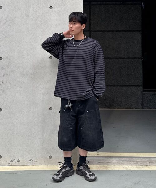 EXCONTAINER(エックスコンテナ)の「ルーズフィットストライプロングスリーブ (ブラック/チャコールグレー)(Tシャツ/カットソー・メンズ・その他・MEDIUM/LARGE/X-LARGE)」の14枚目の写真