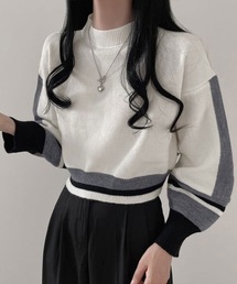 配色クルーネックニット ショート丈
