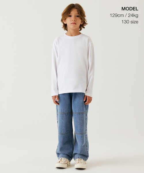 MUSINSA STANDARD KIDS（ムシンサスタンダードキッズ）の「ワイドカーペンターバンディングデニムパンツ[ライトインディゴ]（デニムパンツ・レディース・その他・100/110/120/130/140/150/160）」の2枚目の写真