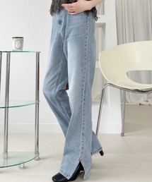 ハイウエスト スリット ストレート デニムパンツ