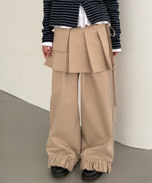 Teem Store（チームストア）の「【2点セット】巻きプリーツスカート付きフリルパンツ（スラックス・レディース・ブラック/グレー/ベージュ・F）」の3枚目の写真
