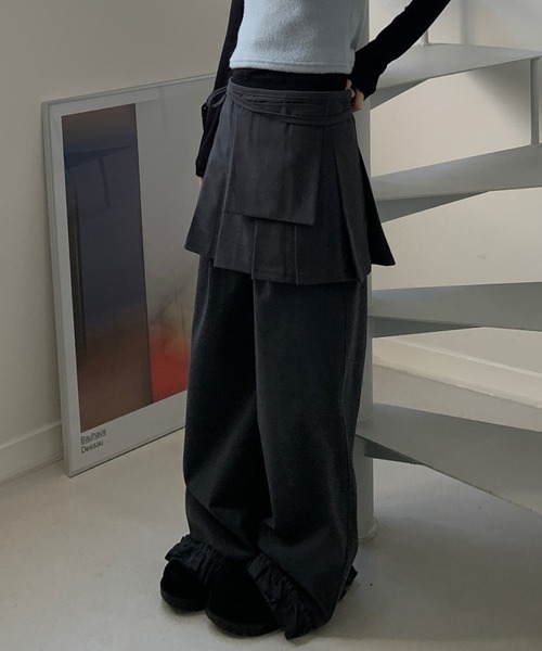 Teem Store（チームストア）の「【2点セット】巻きプリーツスカート付きフリルパンツ（スラックス・レディース・ブラック/グレー/ベージュ・F）」の15枚目の写真