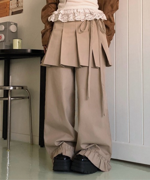 Teem Store（チームストア）の「【2点セット】巻きプリーツスカート付きフリルパンツ（スラックス・レディース・ブラック/グレー/ベージュ・F）」の4枚目の写真
