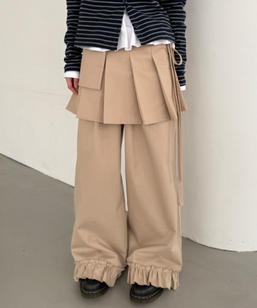 Teem Store（チームストア）の「【2点セット】巻きプリーツスカート付きフリルパンツ（スラックス・レディース・ブラック/グレー/ベージュ・F）」の5枚目の写真