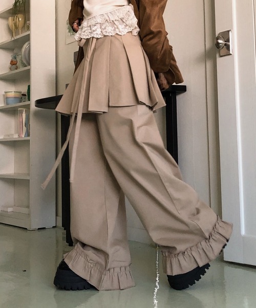 Teem Store（チームストア）の「【2点セット】巻きプリーツスカート付きフリルパンツ（スラックス・レディース・ブラック/グレー/ベージュ・F）」の11枚目の写真