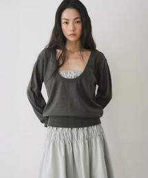 DEEP U-NECK COTTON KNIT, CHARCOAL