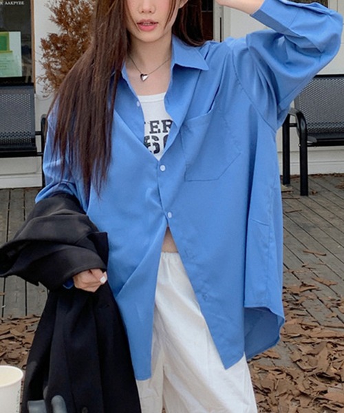 DAY CLOSET(デイ クローゼット)の「【前後アシメヘム】長袖 レギュラーカラー ボックスプリーツ オーバーサイズ シャツ レディース(シャツ/ブラウス・レディース・マスタード/ブルー/グレー/ピンク/ホワイト・FREE)」の16枚目の写真