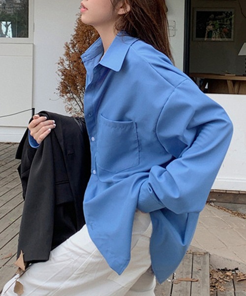 DAY CLOSET(デイ クローゼット)の「【前後アシメヘム】長袖 レギュラーカラー ボックスプリーツ オーバーサイズ シャツ レディース(シャツ/ブラウス・レディース・マスタード/ブルー/グレー/ピンク/ホワイト・FREE)」の17枚目の写真