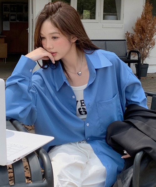 DAY CLOSET(デイ クローゼット)の「【前後アシメヘム】長袖 レギュラーカラー ボックスプリーツ オーバーサイズ シャツ レディース(シャツ/ブラウス・レディース・マスタード/ブルー/グレー/ピンク/ホワイト・FREE)」の19枚目の写真