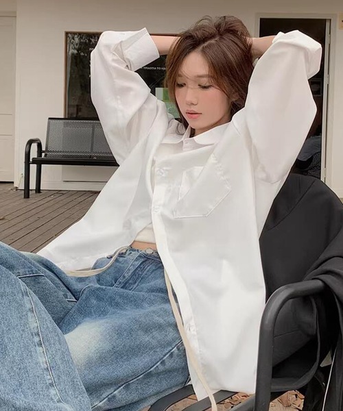 DAY CLOSET(デイ クローゼット)の「【前後アシメヘム】長袖 レギュラーカラー ボックスプリーツ オーバーサイズ シャツ レディース(シャツ/ブラウス・レディース・マスタード/ブルー/グレー/ピンク/ホワイト・FREE)」の9枚目の写真