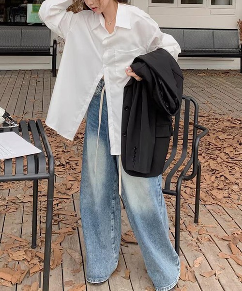 DAY CLOSET(デイ クローゼット)の「【前後アシメヘム】長袖 レギュラーカラー ボックスプリーツ オーバーサイズ シャツ レディース(シャツ/ブラウス・レディース・マスタード/ブルー/グレー/ピンク/ホワイト・FREE)」の10枚目の写真