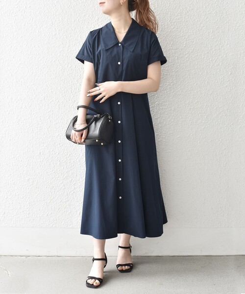 SHIPS any(シップス エニィ)の「SHIPS any:〈洗濯機可能〉フラットカラー Vネック フレア ワンピース 2(シャツワンピース・レディース・ブラウン系/イエロー/ネイビー・ONE SIZE)」の2枚目の写真