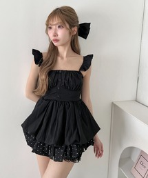 フリル ビスチェ 黒 編み上げ フリル ストラップレス コルセット