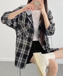 フード付きゆったりチェック柄シャツ