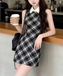 襟付きチェック柄ノースリーブミニワンピース