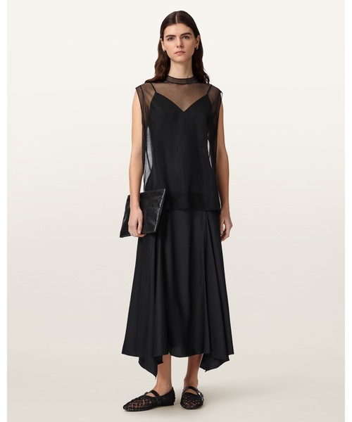 ALLSAINTS(オールセインツ)の「AVA SLEEVELESS SATIN MIDI DRESS | AVA ノースリーブ サテン ミディ ドレス・ワンピース(ワンピース・レディース・ブラック・M/S/XS)」の1枚目の写真