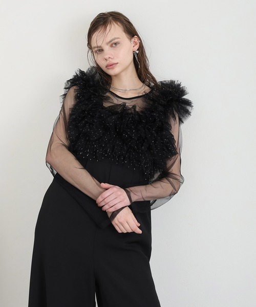 atlo（アトロ）の「ボリュームフリル きらきらサロペット ワイドパンツ フォーマル お呼ばれ ロング丈&結婚式二次会 同窓会成人式  オールインワン パンツドレス オケージョンドレス（パンツドレス・レディース・チャコール/ベージュ/ブラック/ブラック系その他/ブラウン/ベージュ系その他・L/M/S）」の11枚目の写真