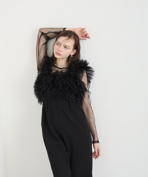 atlo（アトロ）の「ボリュームフリル きらきらサロペット ワイドパンツ フォーマル お呼ばれ ロング丈&結婚式二次会 同窓会成人式  オールインワン パンツドレス オケージョンドレス（パンツドレス・レディース・チャコール/ベージュ/ブラック/ブラック系その他/ブラウン/ベージュ系その他・L/M/S）」の14枚目の写真